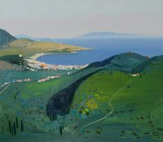 an oil painting of a green hillside with houses on it and the ocean in the background