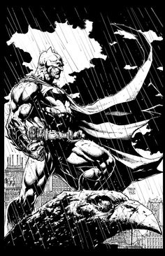 batman in the rain with his caped head down, and one hand on his hip