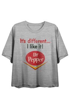 Indulge in nostalgia with this women's gray heather Dr Pepper crew neck short sleeve crop top. It features the soda's vintage logo on both the front and back, and is adorned with bold black and red letters declaring, It's different I like it! Made from a blend of combed ringspun cotton and polyester lightweight jersey, this crop top offers comfort and style. Easily maintain its vibrancy with machine washing on cold and tumble drying on low heat.Short sleevesCrew necklineCustom graphicCropped length100% cottonMachine washable PacSun Womens Dr Pepper I Like It Vintage Cropped T-Shirt - Black size Large Dr Pepper Shirt Ideas, Dr Pepper Hoodie, Dr Pepper Shirt, Retro Cotton Cropped T-shirt, Red Cropped Cotton T-shirt With Graphic Print, Dr Pepper, Short Sleeve Cropped Top, Bold Black, Crop Tshirt