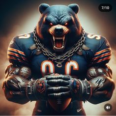 an image of a bear wearing a football uniform with chains on it's hands