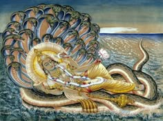 a painting of a woman sitting on top of a snake