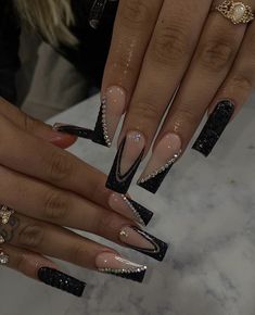 Dramatic Black Nail Designs, Black Sparkly Nails With Rhinestones, Hoco Nail Inspo Black, Fancy Black Nails Acrylic, Black And Blue Hoco Nails, Nails Inspiration For Black Dress, Black French Tip Nails Coffin Long With Diamonds, Black Cute Acrylic Nails, Black And White Birthday Nails Acrylic