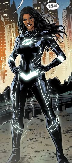 an image of a woman in black and white suit with lightning bolt on her chest