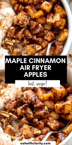 maple cinnamon air fryer apples in a white bowl with spoons and text overlay