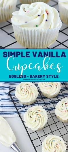 vanilla cupcakes with white frosting and sprinkles on a cooling rack