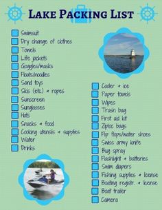 the lake packing list is shown in blue and green with images of boats on it