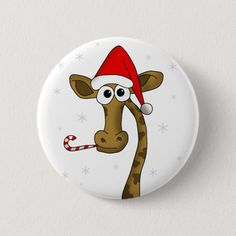 a cartoon giraffe wearing a santa hat and holding a candy cane in its mouth