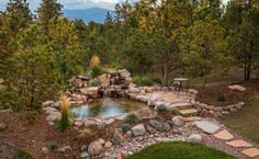 a small pond surrounded by rocks and trees