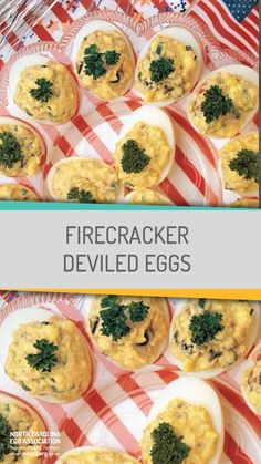 the cover of firecrackerr deviled eggs with broccoli on top