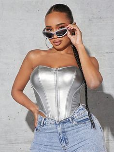 Silver Top Outfit Black Women, Leather Tube Top, Beyonce Concert, Concert Fit, Metallic Blouses, Baby Crop Top, Soft Life, Yellow Tank Top