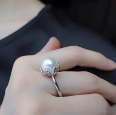 Silver Lotus Pearl Ring Elegant White Gold Round Pendant Ring, Elegant Adjustable Pearl Drop Ring, Handmade Adjustable Elegant Pearl Ring, Adjustable Vintage Silver Pearl Ring, Luxury Adjustable Silver Pearl Ring, Pearl Ring Design, Natural Pearl Ring, Lotus Ring, Lotus Pendant