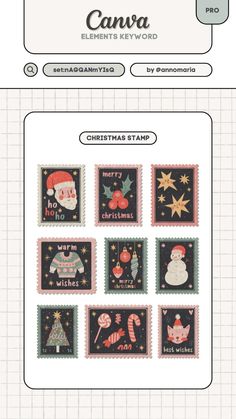 christmas stamps with santa and other holiday items on them, all in different colors are shown