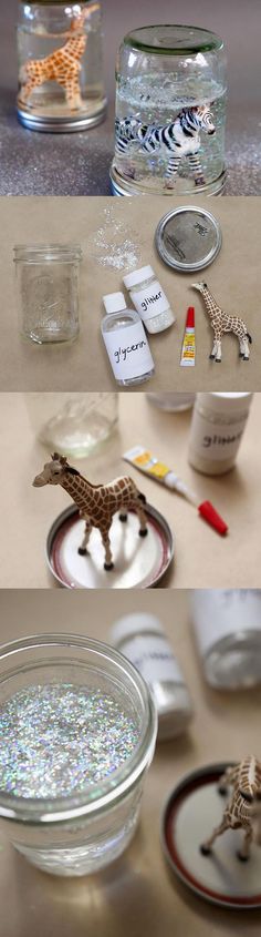 there are several different pictures of objects on the table and in glass bowls, with one small giraffe figurine next to it