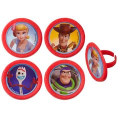 four toy plates with characters on them and one has a fork in the other's hand