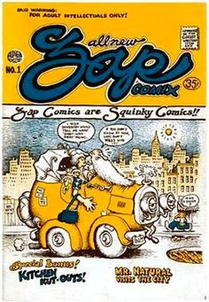 an old comic book with cartoon characters riding on the back of a yellow car in front of