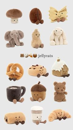 many stuffed animals are arranged in rows on a white background with the words jellycats above them