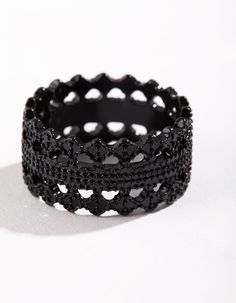 Loving the lace look? This ring is for you! This black-toned ring has lace trim details. Wear alone with an all black look for full effect or stack with coloured rings for a dramatic look. Product Details Composition: Metal Colour: Black Style: Worn alone or add to a ring stack Care: For best results avoid direct contact with water, moisturisers and perfumes. Weight: 5.0g | Lovisa Lace Detail Ring, Size: Small/Medium, Black Fashion Jewellery Online, Black Look, All Black Looks, Bold Earrings, Ring Stack, Detailed Ring, Dramatic Look, Color Ring, Favorite Rings