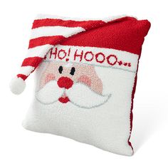 a red and white pillow with santa claus on it's face that says ho hoo