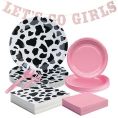 pink and black paper plates, napkins, forks and utensils