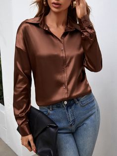 Coffee Brown Elegant  Long Sleeve Satin Plain Shirt  Non-Stretch Spring/Fall Women Tops, Blouses & Tee Satin Blouse Outfit Jeans, Silk Shirt Outfit, Satin Shirts, Satin Bluse, Drop Shoulder Shirt, Brown Blouse, 50 Style, Satin Blouses