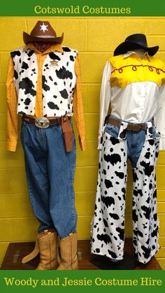 two cowgirl costumes are on display against a yellow brick wall with the words, woody and jessie costume hire