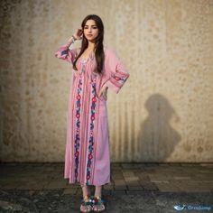 Orcajump - Loose-fit Split Hem Embroidered Dress: Perfect for Tibet Travel and Vacation Pink Long-sleeved Folk Dress, Pink Long Sleeve Folk Dress, Cotton Embroidered Long Sleeve Dress For Vacation, Long Sleeve Embroidered Cotton Dress For Vacation, Long Sleeve Cotton Embroidered Vacation Dress, Long Sleeve Pink Embroidered Dress, Pink Long Sleeve Embroidered Dress, Casual Long Sleeve Embroidered Dress For Festival, Tibet Travel