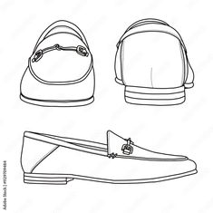 Women's Loafers Flat Slip On Shoes Line art, Technical sketch hand drawing outline vector doodle various view isolated on white background for coloring page