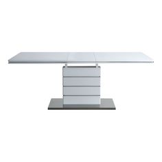 a white table sitting on top of a metal stand with four drawers underneath the table