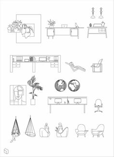 an outline drawing of furniture and decor in black and white, including a coffee table