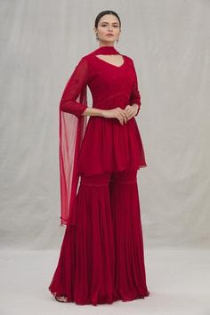 Shop for Arpan Vohra Red Peplum Kurta Set for Women Online at Aza Fashions Garara Dress, Red Sharara, Sharara Designs, Butterfly Net, Bollywood Dress, Desi Fashion Casual, Beautiful Pakistani Dresses, Sharara Suit, Kurti Designs Party Wear