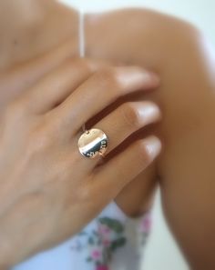 "Beautiful classy yet bold coordinate ring. A constant reminder of a special place that you hold so near and dear to your heart. You can have any location or address converted into coordinates for your ring. Simply leave me a message in the \"Add your personalization\" field. In addition, I can engrave a special message on the back in a block font. You can have up to 15 characters including spaces and punctuation. This ring comes in 14k gold fill, 14k rose gold fill or sterling silver. The disc Modern Engraved Ring As Gift, Modern Engraved Ring For Gift, Adjustable Initial Ring With Detail For Anniversary, Personalized Silver Heart Shaped Ring, Personalized Adjustable Heart Ring, Personalized Silver Heart Ring, Hand Stamped Initial Ring As Gift, Hand Stamped Initial Ring Gift, Hand Stamped Initial Ring Perfect For Gifts