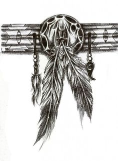 a drawing of a feather hanging from a hook with beads and feathers attached to it