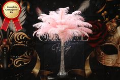 Complete Feather Centerpiece With 16 Vase (Baby Pink) - www.BuyOstrichFeathers.com Clear Water Beads, Roaring 20s Party Decorations, 20s Party Decorations, Eiffel Tower Vase, Old Hollywood Theme, Blush Centerpiece, Glass Tower, Ostrich Feather Centerpieces, Glitter Vases