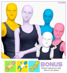 three different colored mannequins standing next to each other in front of a white background