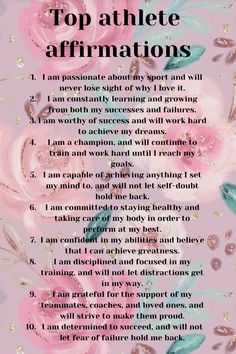 the top athlete affirmation poem with pink flowers and green leaves on purple background