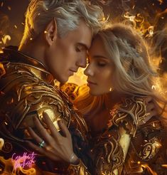 a man and woman are embracing each other in front of an image of gold leaves