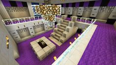 a large room with stairs, tables and couches in the middle of purple carpeted flooring