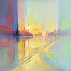 an abstract painting of city lights and buildings in yellow, blue, pink, and green