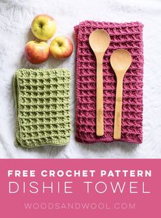 a crocheted dish towel with spoons and an apple on the side next to it