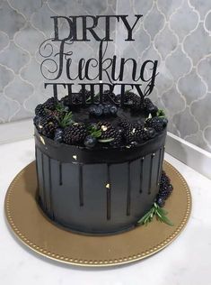 Gothic Drip Cake, Black And White 30th Birthday Cake, All Black 30th Birthday Cake, Black Cake With Strawberries, Blackberry Party Theme, 30th Birthday Ideas For Women Themes Diy, Dirty Thirty Birthday Cake, Men 30th Birthday Cake, Rip 20s Birthday Party Cake