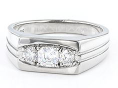 Pre-Owned Moissanite Fire(R) .81ctw diamond equivalent weight assher cut and round, Platineve(R) mens 3 stone ring. Measures 5/16" L x 1/8" W and is not sizeable. Actual moissanite weight is .72ctw. Comes with certificate of authenticity..  This product may be a customer return, vendor sample, or on-air display and is not in its originally manufactured condition.  It may not be new.  In some instances, these items are repackaged by JTV. Silver Three Stone Baguette Cut Wedding Ring, Silver Baguette Cut Three Stone Wedding Ring, Silver Three Stone Diamond Ring With Asscher Cut, Silver Three Stone Diamond Ring, Asscher Cut, Silver Diamond Ring With Three Stones, Asscher Cut, Silver Three Stone Asscher Cut Jewelry, Formal Three Stone Asscher Cut Ring, Formal Asscher Cut Three Stone Ring, Formal Silver Three Stone Diamond Ring