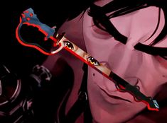 an anime character with long black hair holding a red and blue knife in his hand