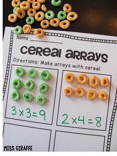 cereal array worksheet with 3x3, 2x4 and 3x4 numbers