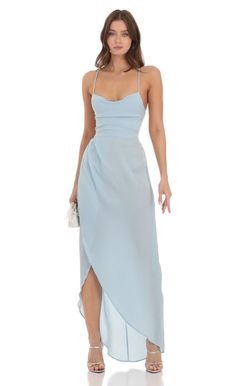 Ciara Satin Luxe Maxi in Dusty Blue | LUCY IN THE SKY Pale Blue Midi Dress, Prom Dresses Boho, Midi Ruffle Dress, Classy Fashion, Vestidos Prom, Swimsuit Dress, Prom Dresses Long With Sleeves, Crop Top Blouse, Light Denim