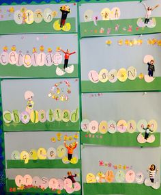 a bulletin board that has different types of letters and numbers on it, along with pictures of children's names