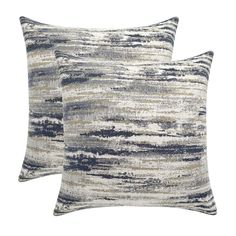 two pillows on white background with blue and grey stripes, one is made out of fabric