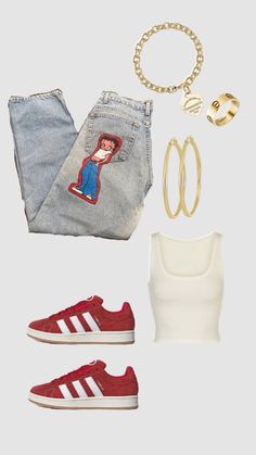 a woman's outfit with red shoes, jeans and bracelets is shown in this image