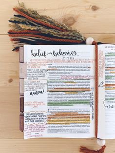 Open bible on table. Bible journaling. Fluffy bookmark. Aesthetic. Earth tone highlight and notations Titus Bible Journaling, How To Take Notes In Your Bible, Bible Goals, Bible Character Study, Bible Highlighting, Studying The Bible, Bible Journal Notebooks, Bible Things