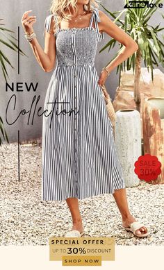 Smocked Tie Strap Sleeveless Striped Midi Dress Chic Smocked Midi-length Dress With Tie Straps, Striped Midi-length Spring Dress, Summer Midi Dress With V-neck And Smocked Back, Striped V-neck Midi Summer Dress, Casual Striped V-neck Midi Dress, Striped Midi Dress, Elevate Your Style, Smocking, Your Style