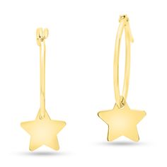 Star charm hanging off thin hoop crafted in solid 14 karat yellow gold. We call it the work out earring because it is so light you can work out in them. Obviously nothing too crazy. The single star measures 9mm and the hoop is 17mm outer diameter. Great everyday earring! Hanging Stars, Mismatched Earrings, Star Studs, Bar Earrings, Yellow Gold Earring, Heart Studs, Everyday Earrings, Chain Earrings, Star Charms